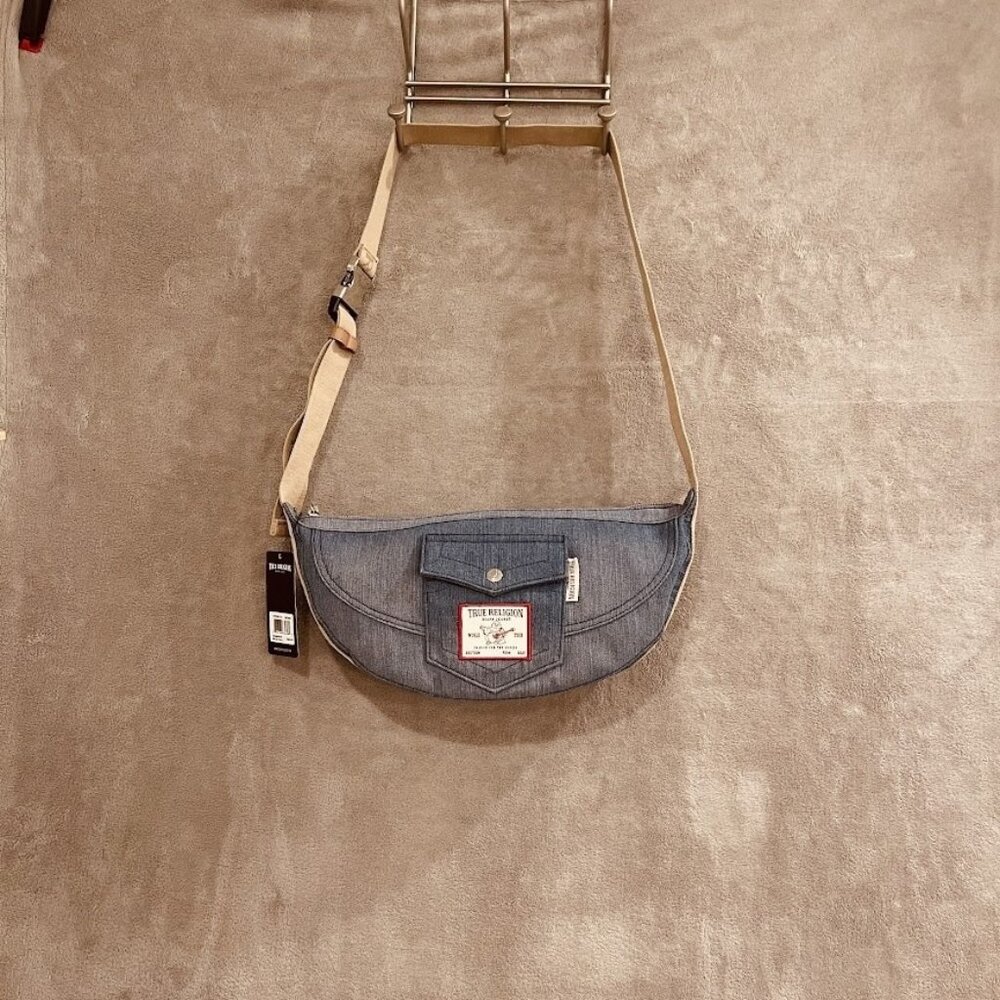 True Religion Denim Crossbody Bag Adjustable Strap Patch Pocket New Messenger Pu